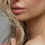 Close-up of woman's Lips with Fashion pink Make-up and Manicure on Nails