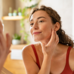 girl looking at mirror while touching her face and checking pimple, wrinkles and bags under the eyes.