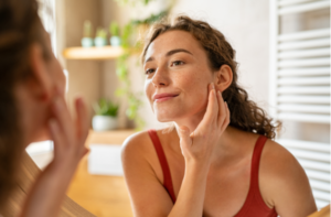 girl looking at mirror while touching her face and checking pimple, wrinkles and bags under the eyes.