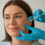 Cosmetologist injecting collagen to her clients face
